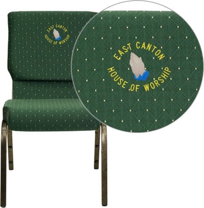 Embroidered HERCULES Series 18.5''W Stacking Church Chair in Green Patterned Fabric - Gold Vein Frame