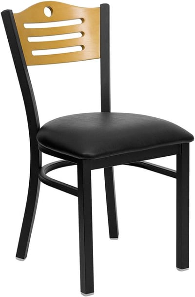 HERCULES Series Black Slat Back Metal Restaurant Chair - Natural Wood Back, Black Vinyl Seat