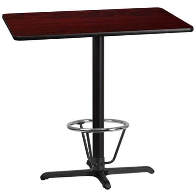 30'' x 42'' Rectangular Mahogany Laminate Table Top with 23.5'' x 29.5'' Bar Height Table Base and Foot Ring