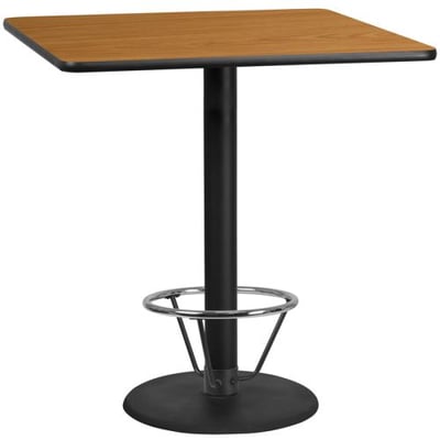 42'' Square Natural Laminate Table Top with 24'' Round Bar Height Table Base and Foot Ring