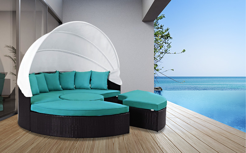 Circular Outdoor Wicker Rattan Patio Daybed with Canopy